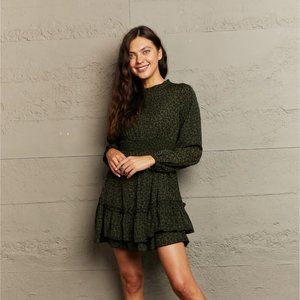 Leopard Smock Waist Long Sleeve Dress